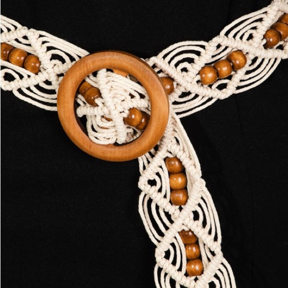 Boho Macrame Rope Belt with Wooden Beads - Cream